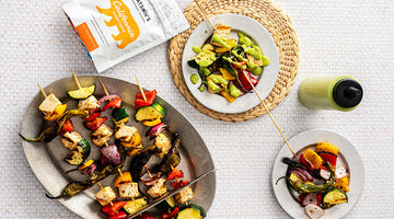Recipe for tofu veggie skewers and tangy avocado sauce with Watson's California Everything seasoning